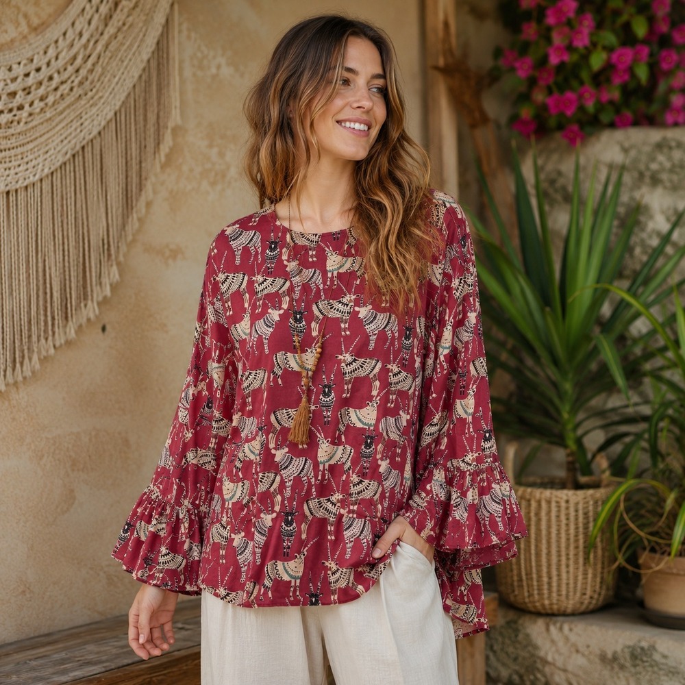 World Market Womens Boho Antelope Tunic Top Sz L/XL Bell Sleeve Novelty Animal‎